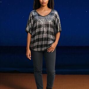 PURE SAGE Sequin Pullover Top Striped Scoop Neck Modal Blend Charcoal Silver - M